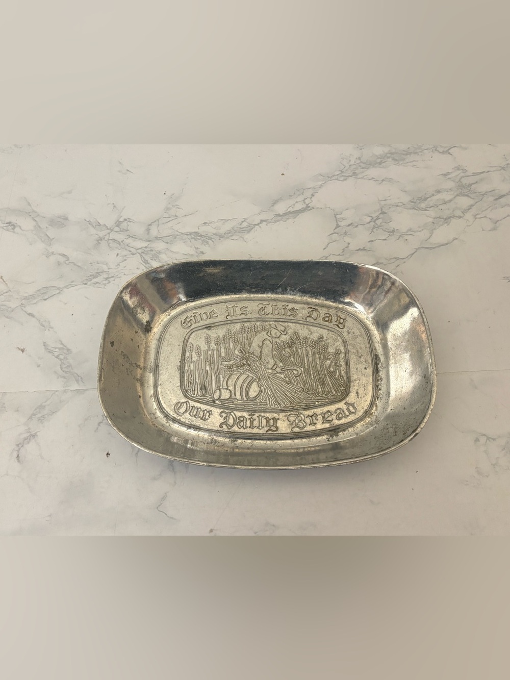 Wilton Armetale Give Us This Day Our Daily Bread Pewter Silver Tray 7x5